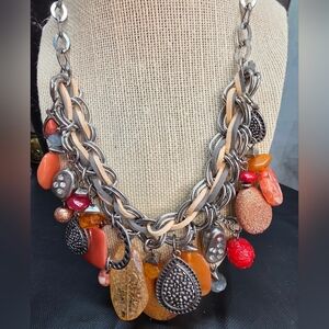 Laura Ashley Chunky Charm Necklace Orange Boho Statement Mixed Media